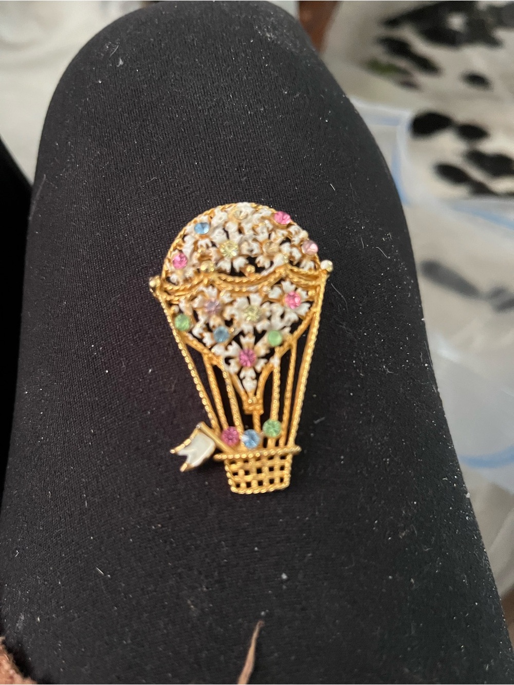Gold Tone Hot Air Balloon Brooch with Multicolor Rhinestones